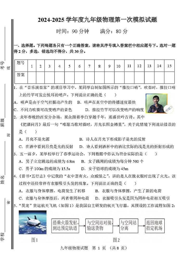 2025年山东省高青县九年级中考第一次练兵考试物理试题（中考模拟）第1页