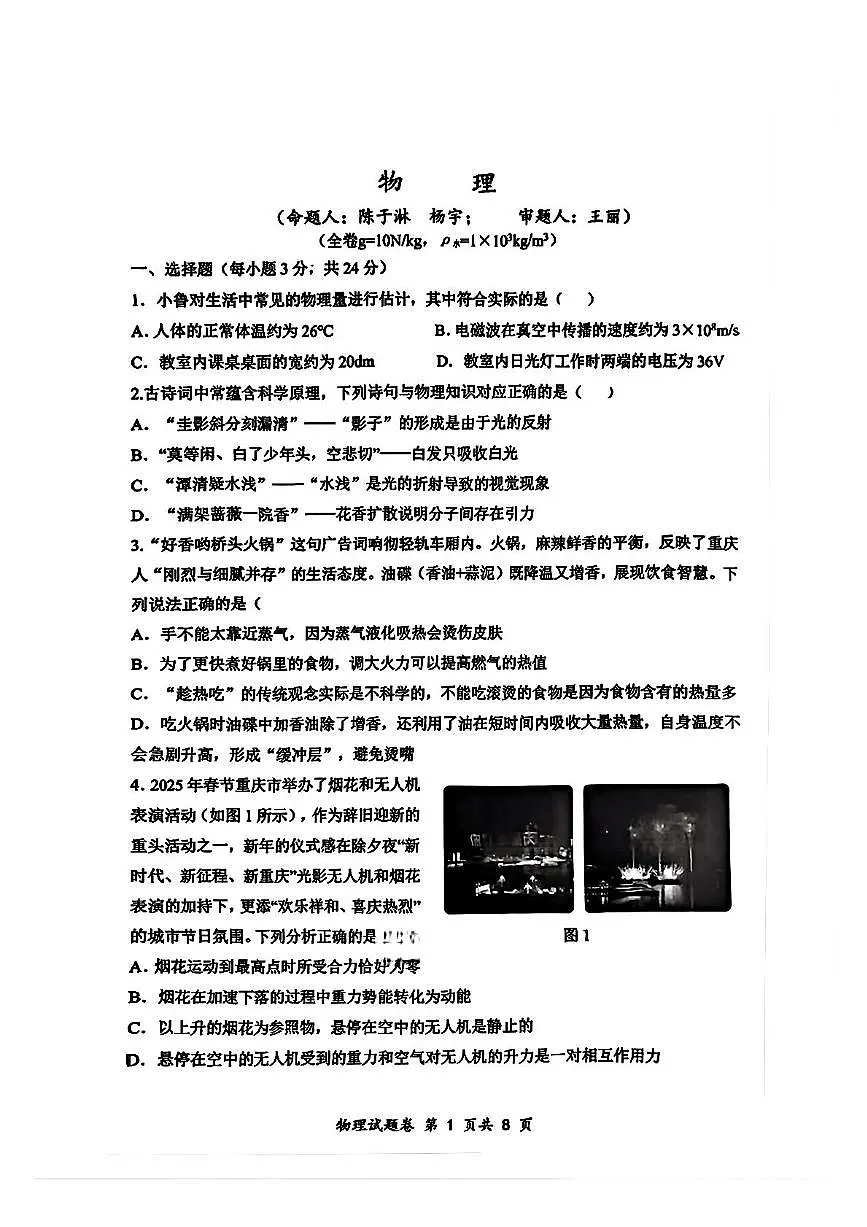 2025年重庆市鲁能巴蜀中学中考物理一模试卷（中考模拟）第1页