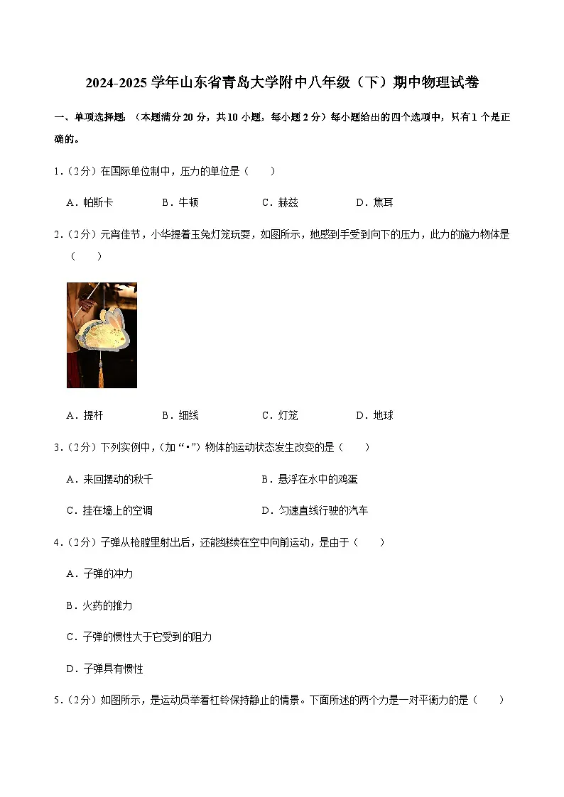 2024-2025学年山东省青岛大学附中八年级（下）期中物理试卷第1页