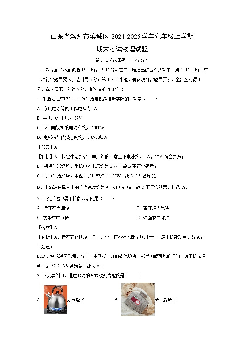 山东省滨州市滨城区2024-2025学年九年级上学期期末考试物理试题（解析版）第1页