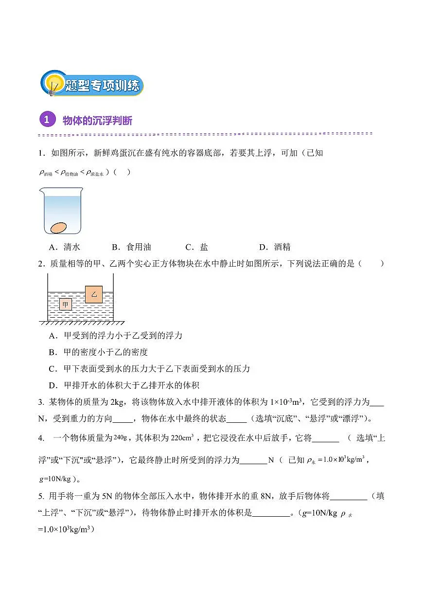 10.3 物体的沉浮条件（专项训练）（原卷版）2024-2025学年八年级下学期物理同步题型分组专项训练（人教版2024）第2页