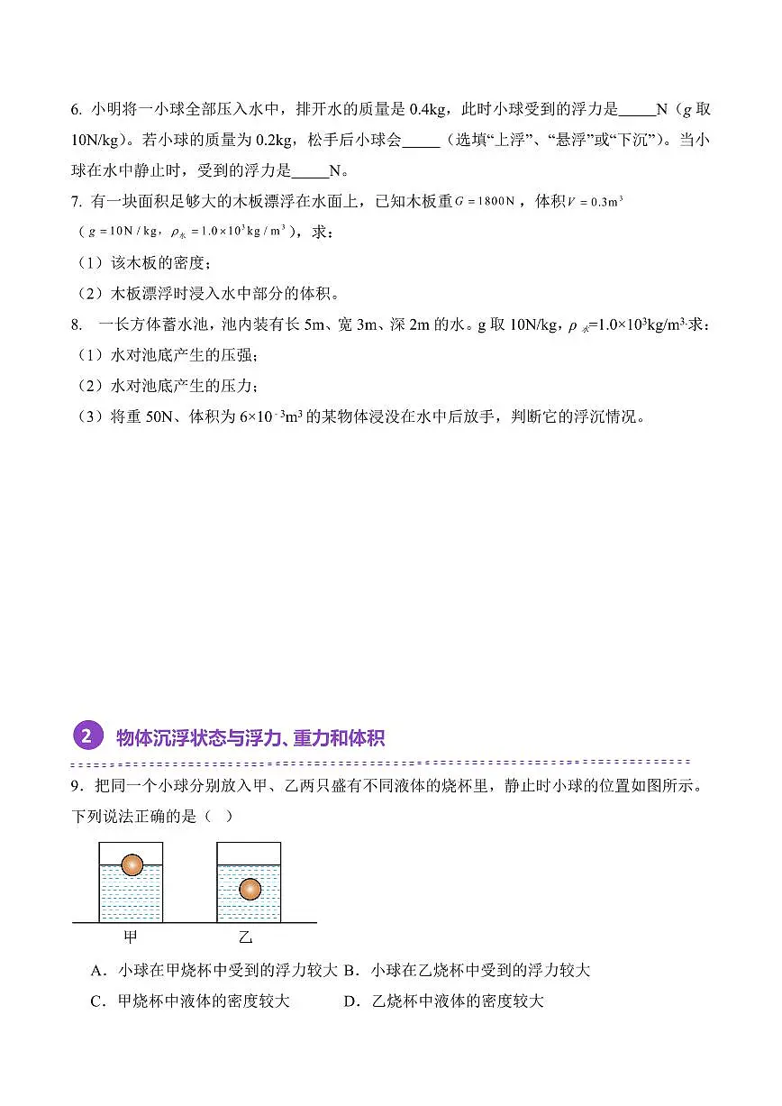 10.3 物体的沉浮条件（专项训练）（原卷版）2024-2025学年八年级下学期物理同步题型分组专项训练（人教版2024）第3页