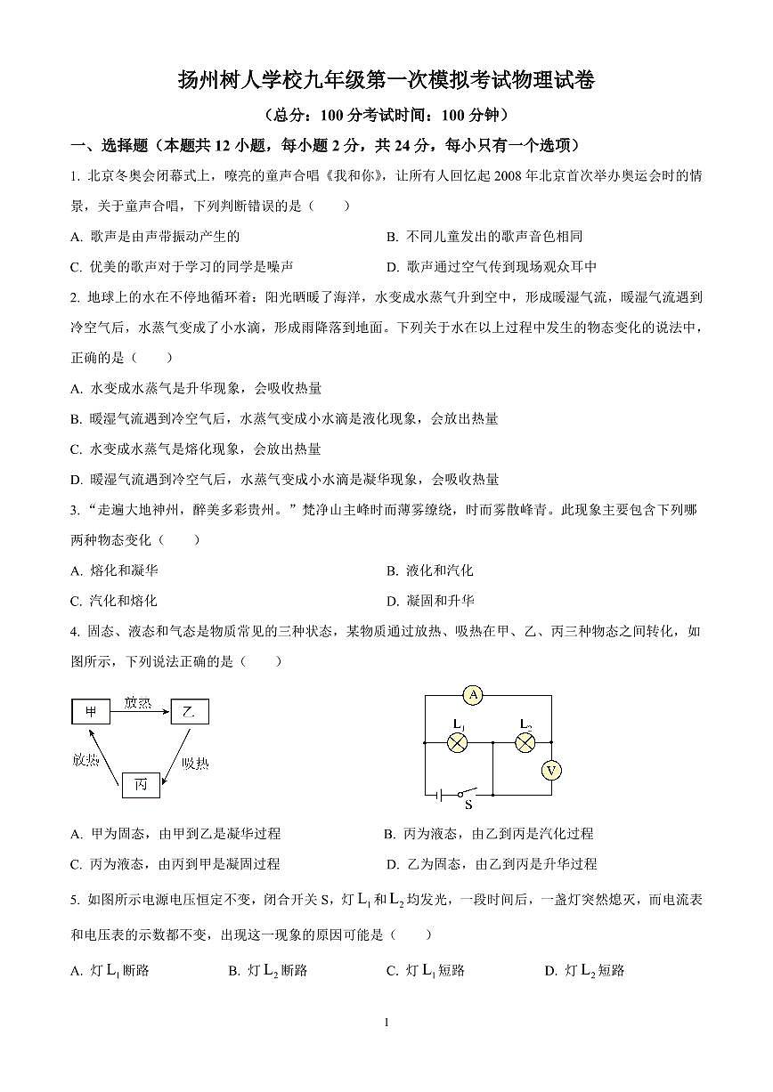 2025年江苏省扬州树人学校中考一模物理试题（原卷版）第1页