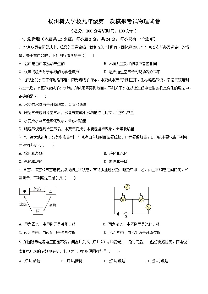 2025年江苏省扬州树人学校中考一模物理试题（原卷版）第1页