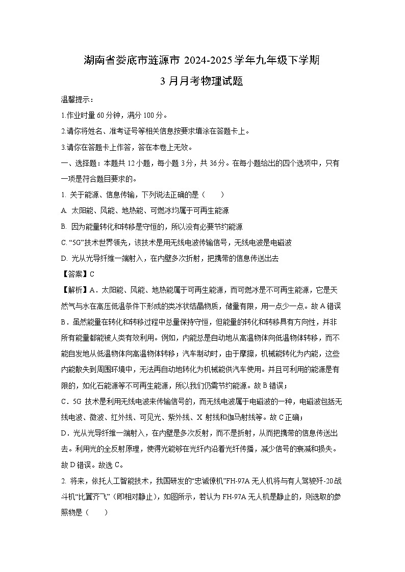 湖南省娄底市涟源市2024-2025学年九年级下学期3月月考物理试卷（解析版）第1页