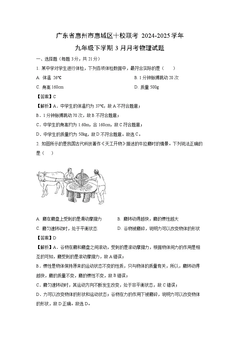 广东省惠州市惠城区十校联考2024-2025学年九年级下学期3月月考物理试卷（解析版）第1页