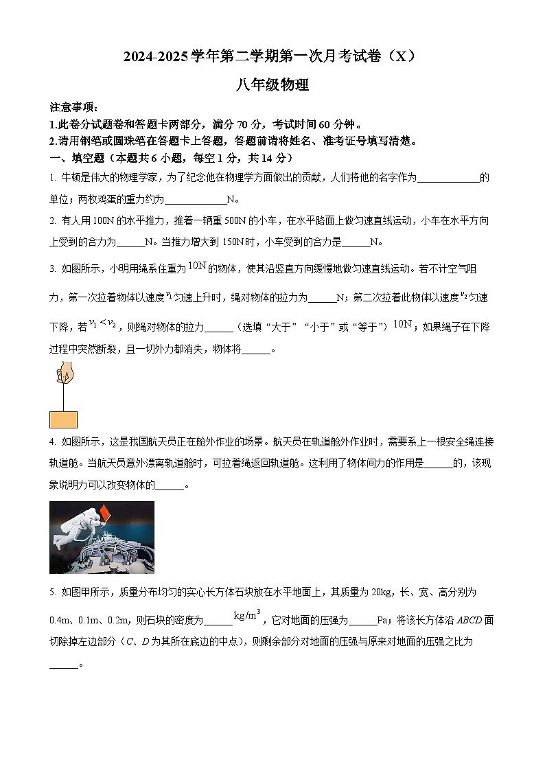 河南省周口市郸城县名校2024-2025学年八年级下学期第一次月考物理试题（原卷版+解析版）第1页