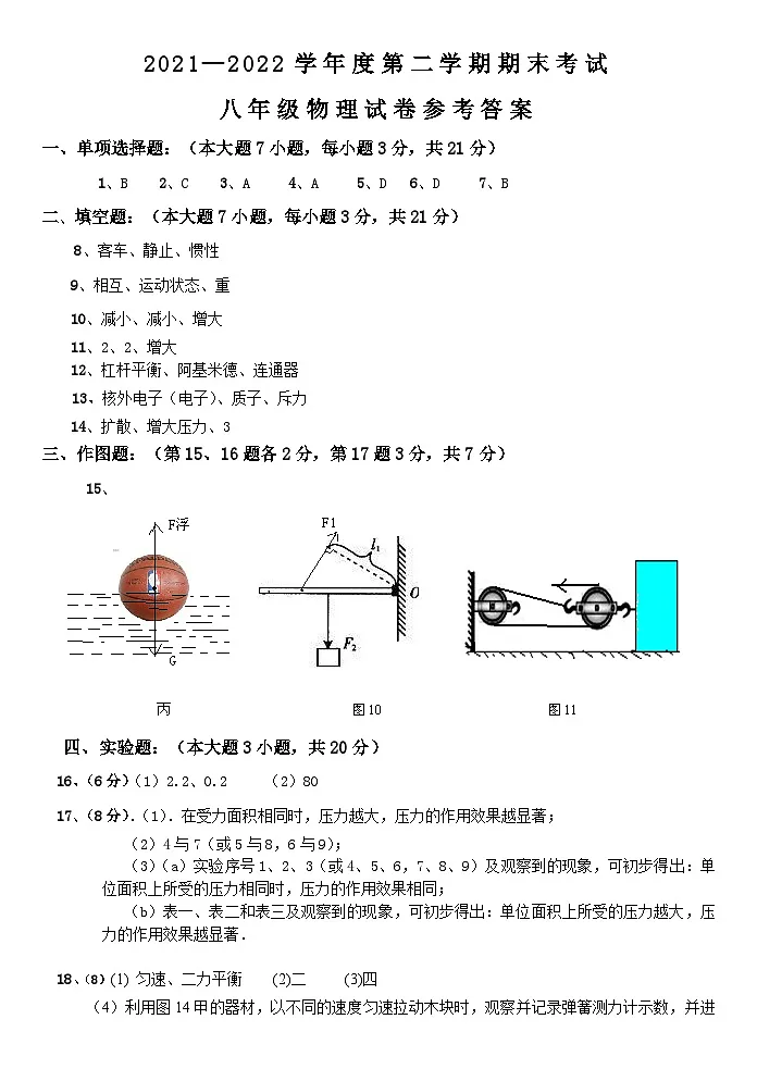 八年级物理下册试题答案第1页