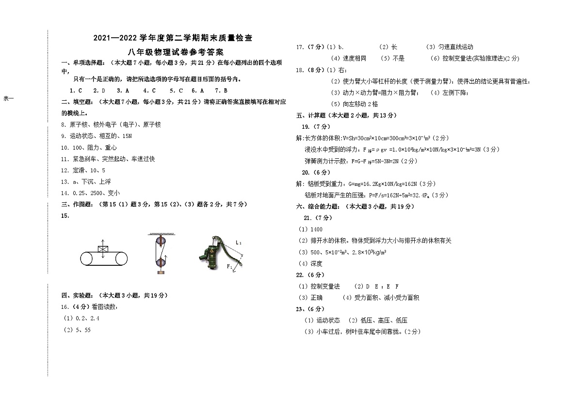 2021-2022学年第二学期八年级物理答案第1页