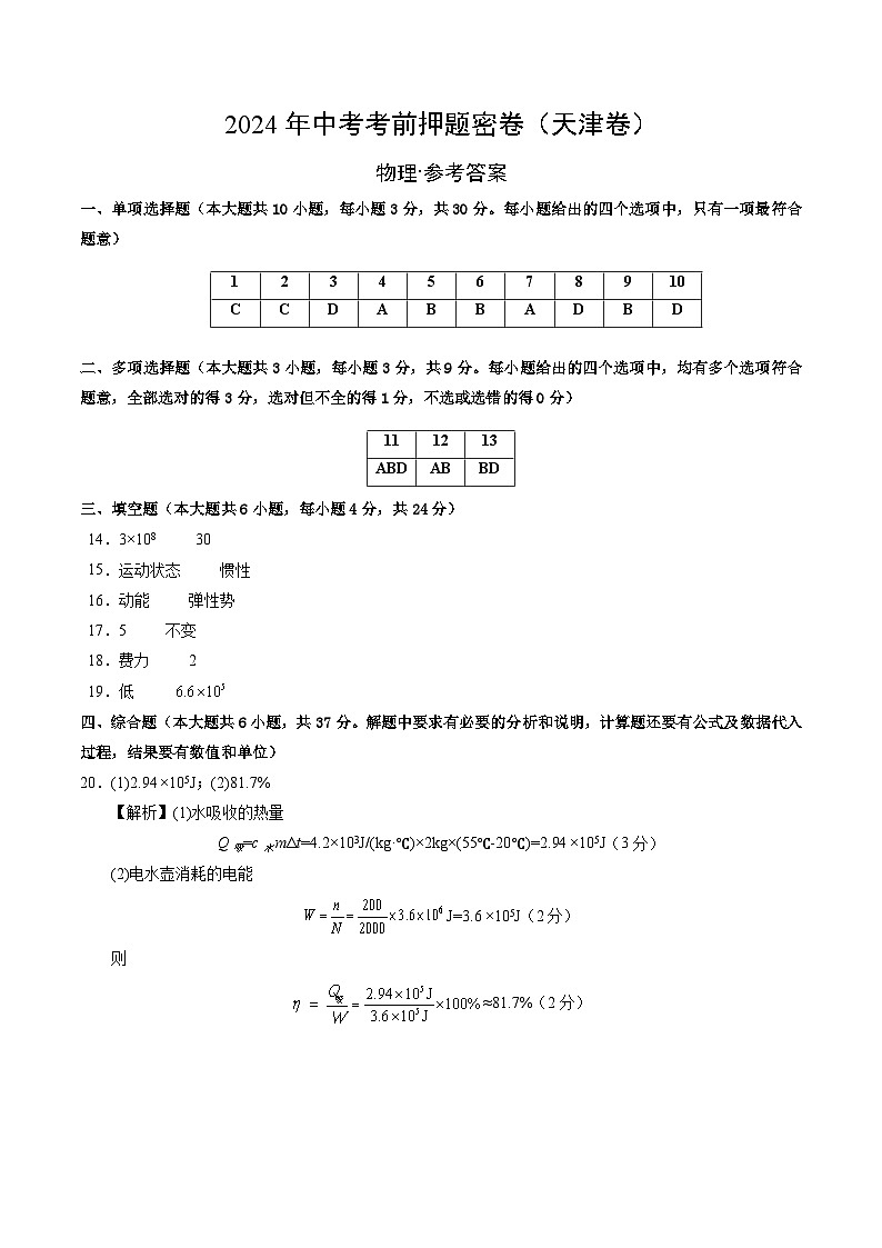 物理（天津卷）（参考答案及评分标准）第1页