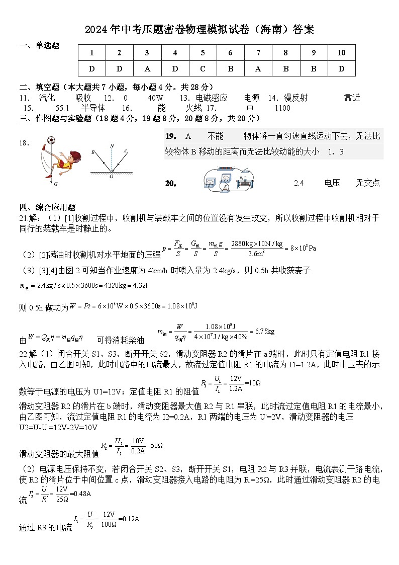 物理（海南卷）（参考答案及评分标准）第1页