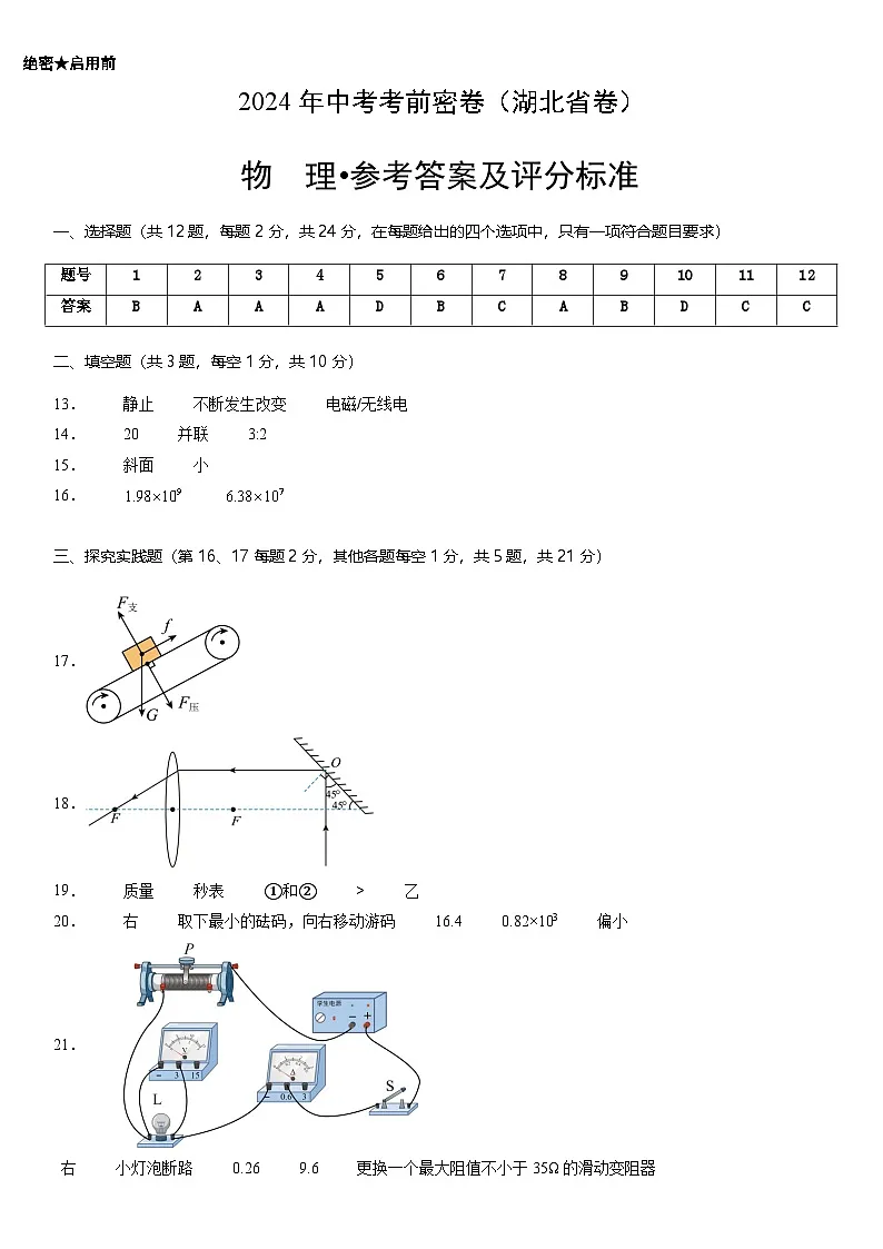 物理（湖北省卷）（参考答案及评分标准）第1页