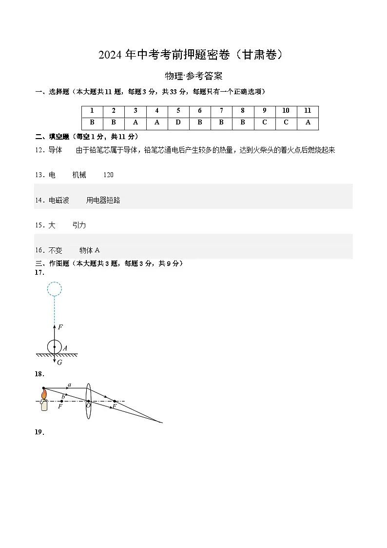 物理（甘肃卷）（参考答案及评分标准）第1页