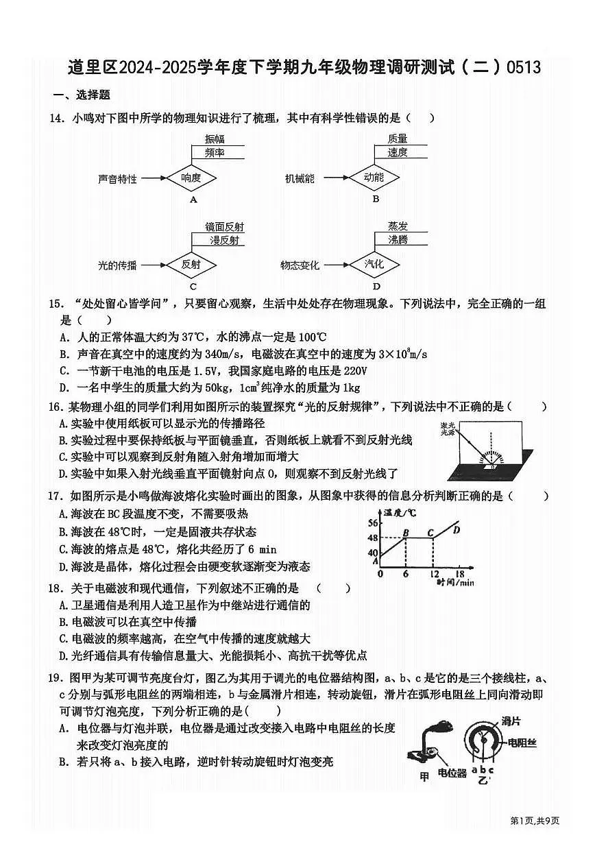 2025年哈尔滨市道里区中考二模物理试卷和参考答案第1页