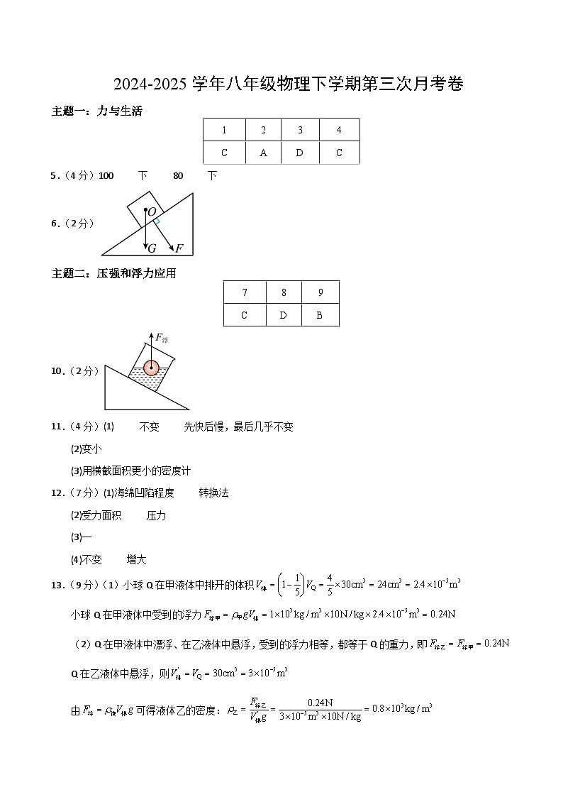 八年级下册物理第三次月考卷【测试范围：人教版（2024）：第7~11章】（参考答案）（深圳专用）第1页