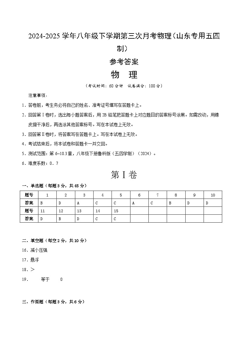 八年级物理月考卷（鲁科五学制2024）（参考答案）第1页