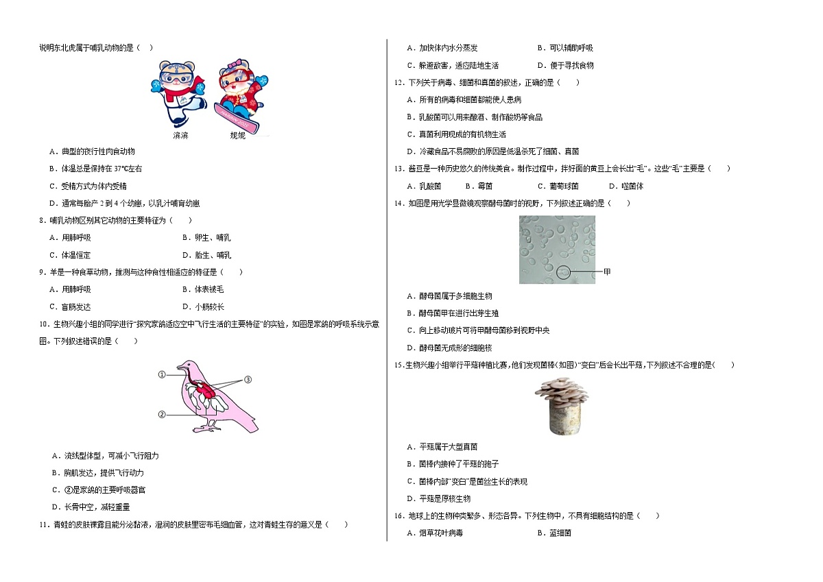 七年级生物月考卷（考试版A3）（上海专用，沪教版2024第6~9章）第2页