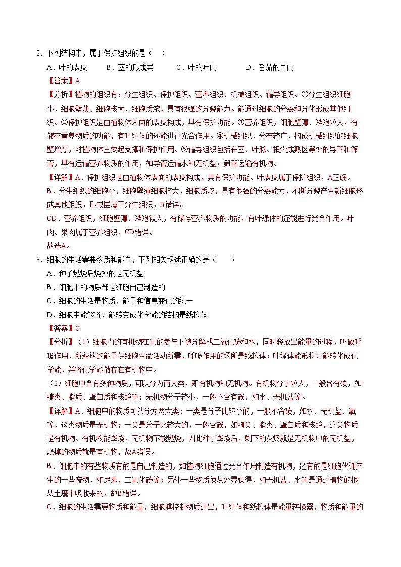 七年级生物月考卷【测试范围：人教版2024第三单元、第四单元第一、二章】（全解全析）（湖北专用）第2页