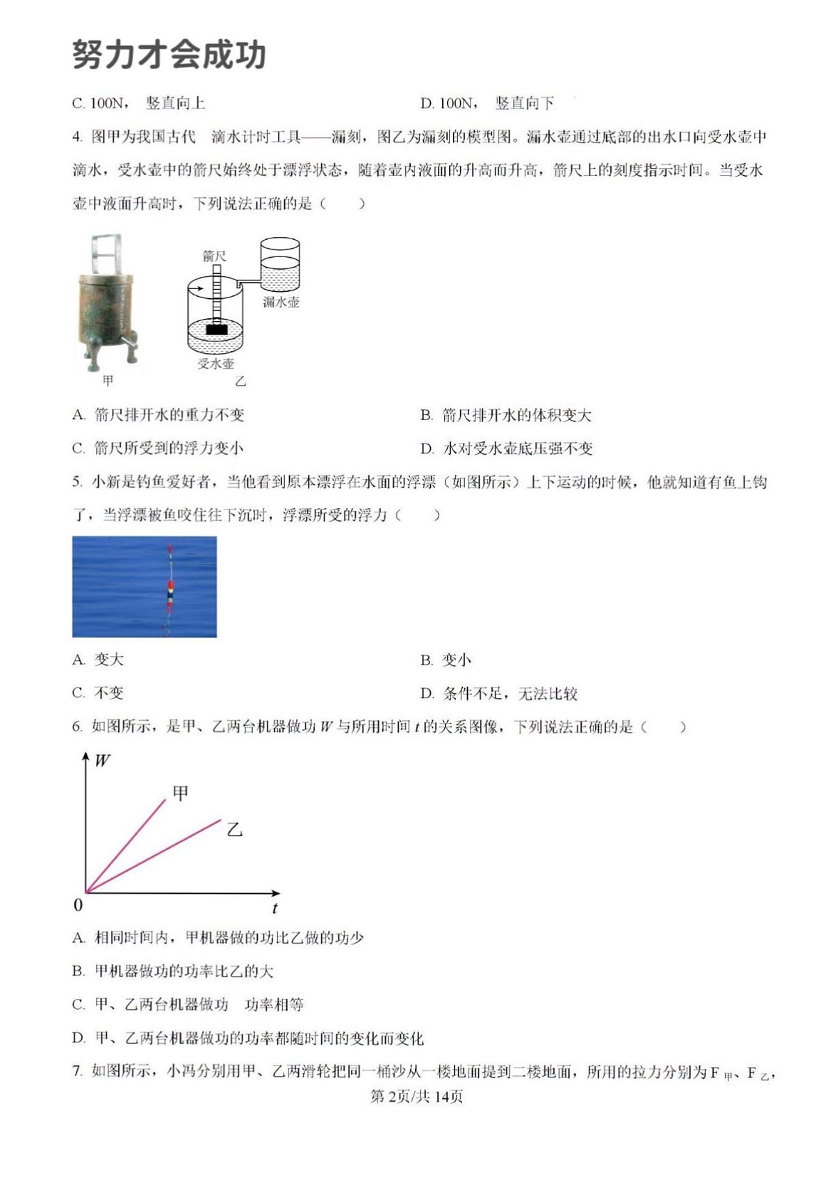 2024年济南市稼轩学校八年级物理下学期月考试题及其答案第2页