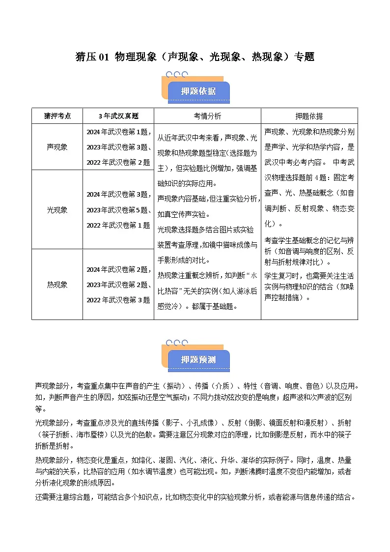 题型猜压01 物理现象（声现象、光现象、热现象）专题（武汉专用）（解析版）第1页