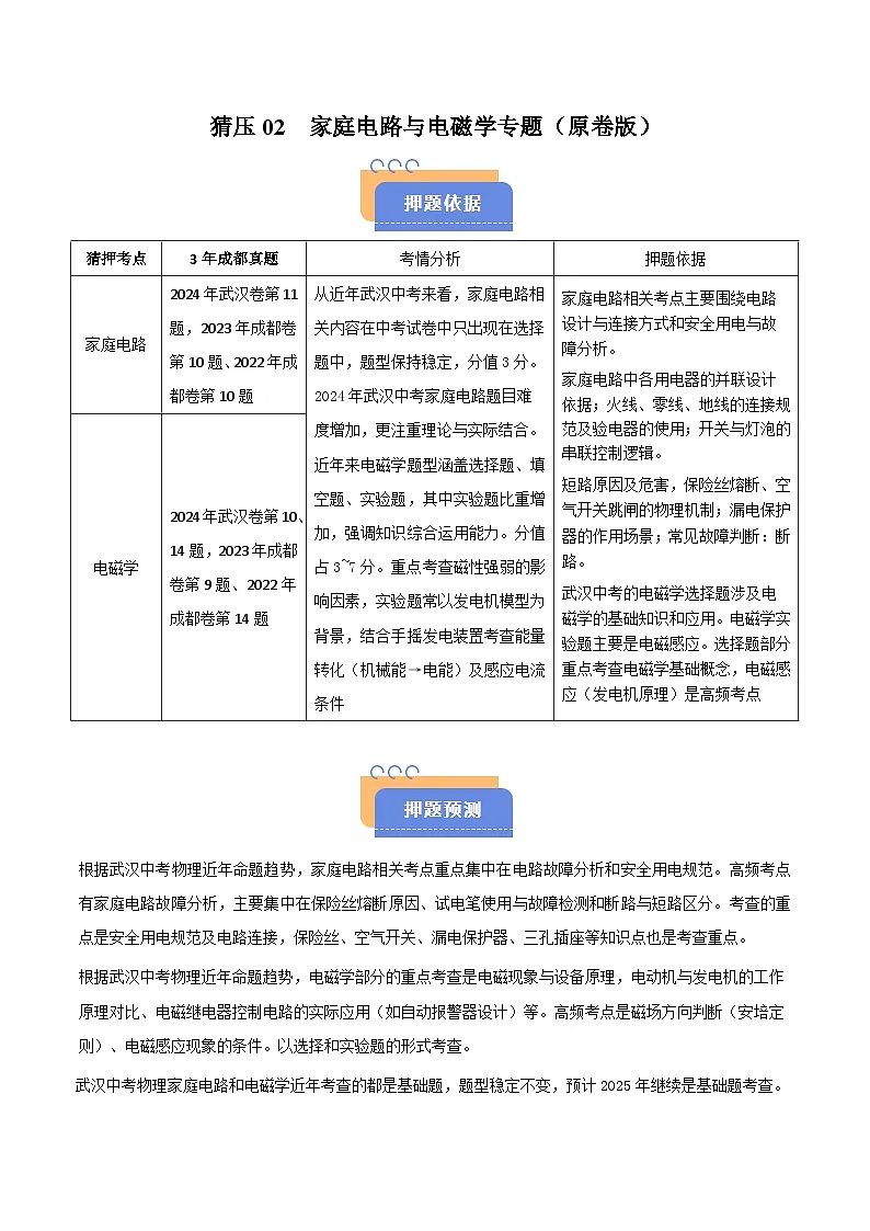 题型猜压02 家庭电路与电磁学专题（武汉专用）（原卷版）第1页