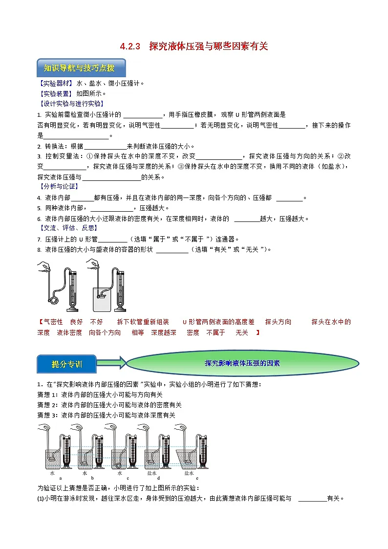 专题4.2.3 探究液体压强与哪些因素有关-【实验攻略】2025年中考物理新课标必做21实验及近年热考实验学案第1页