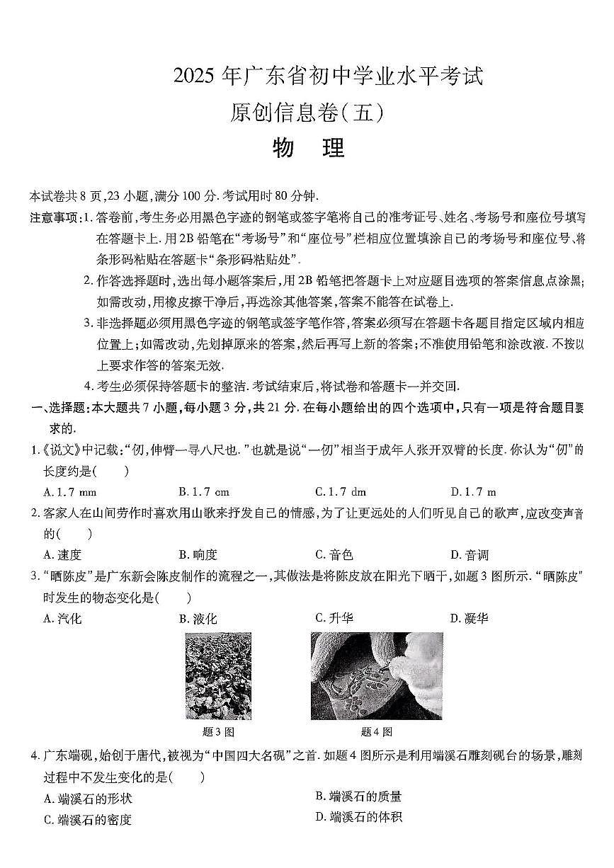 2025年广东省东莞市石碣新民学校中考模拟考试物理试题（五）（中考模拟）第1页