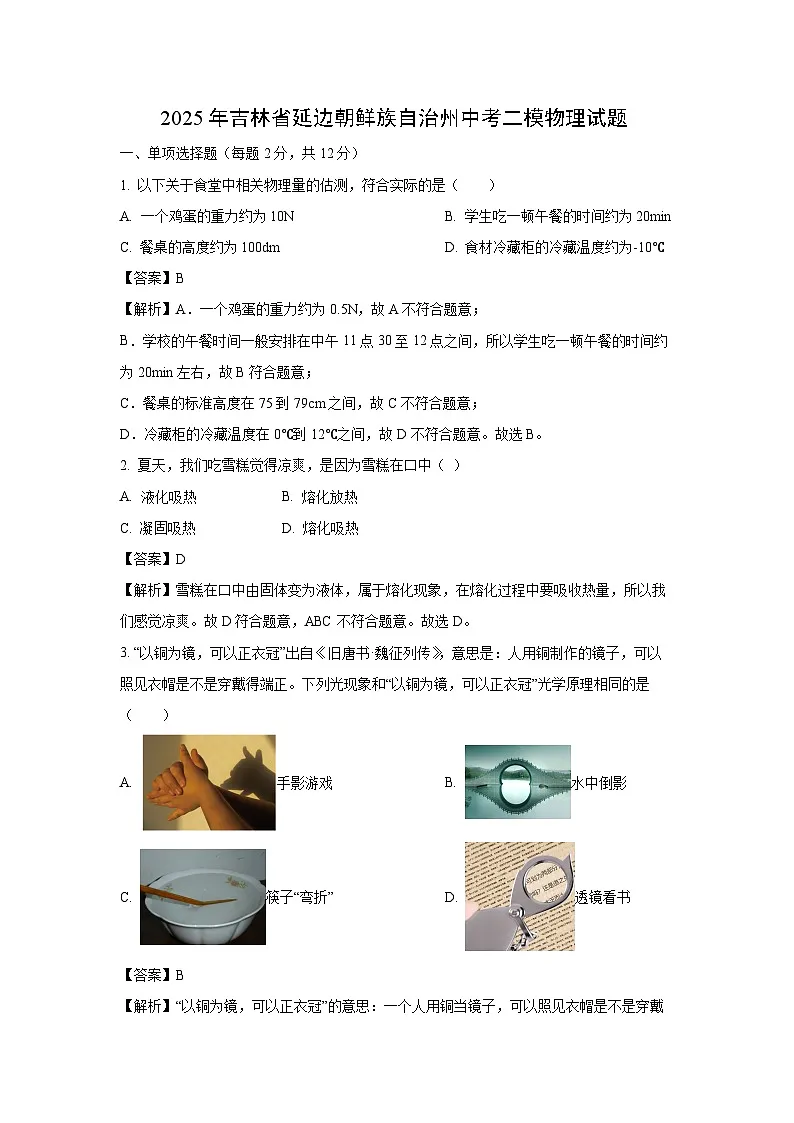 2025年吉林省延边朝鲜族自治州中考二模物理试题（解析版）第1页