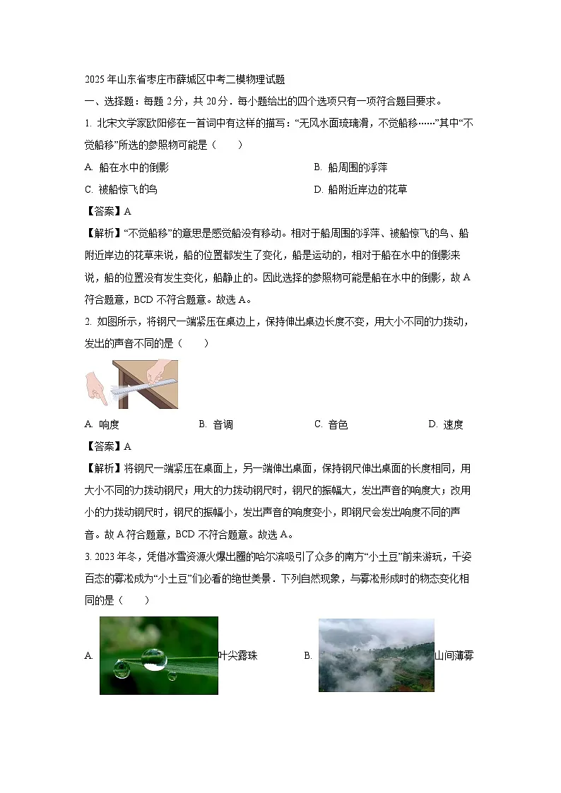 2025年山东省枣庄市薛城区中考二模物理试题（解析版）第1页