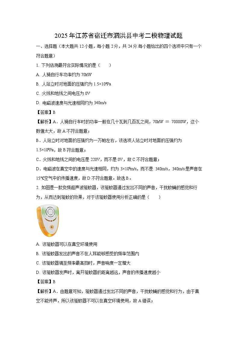 2025年江苏省宿迁市泗洪县中考二模物理试题（解析版）第1页