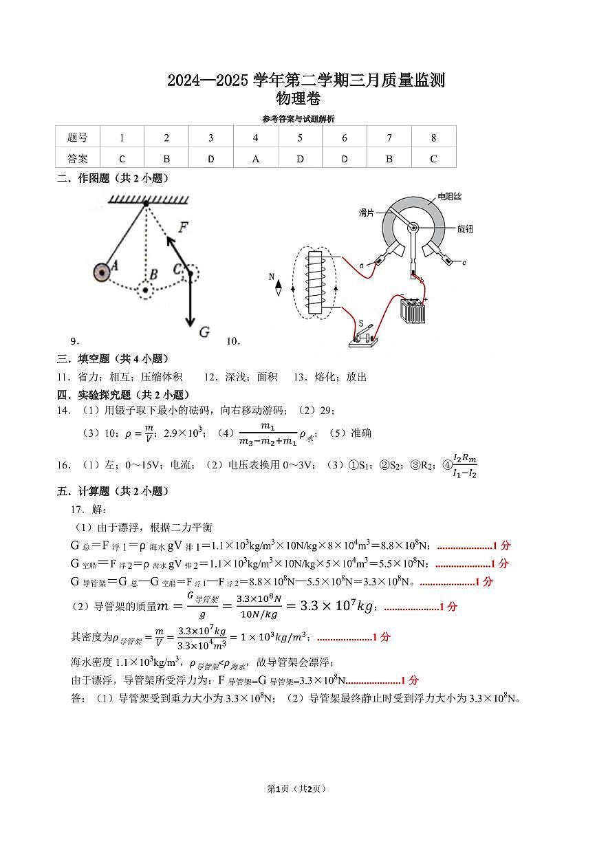 2025年3月深圳市南山外国语学校集团初三3月质量监测物理试卷答案第1页