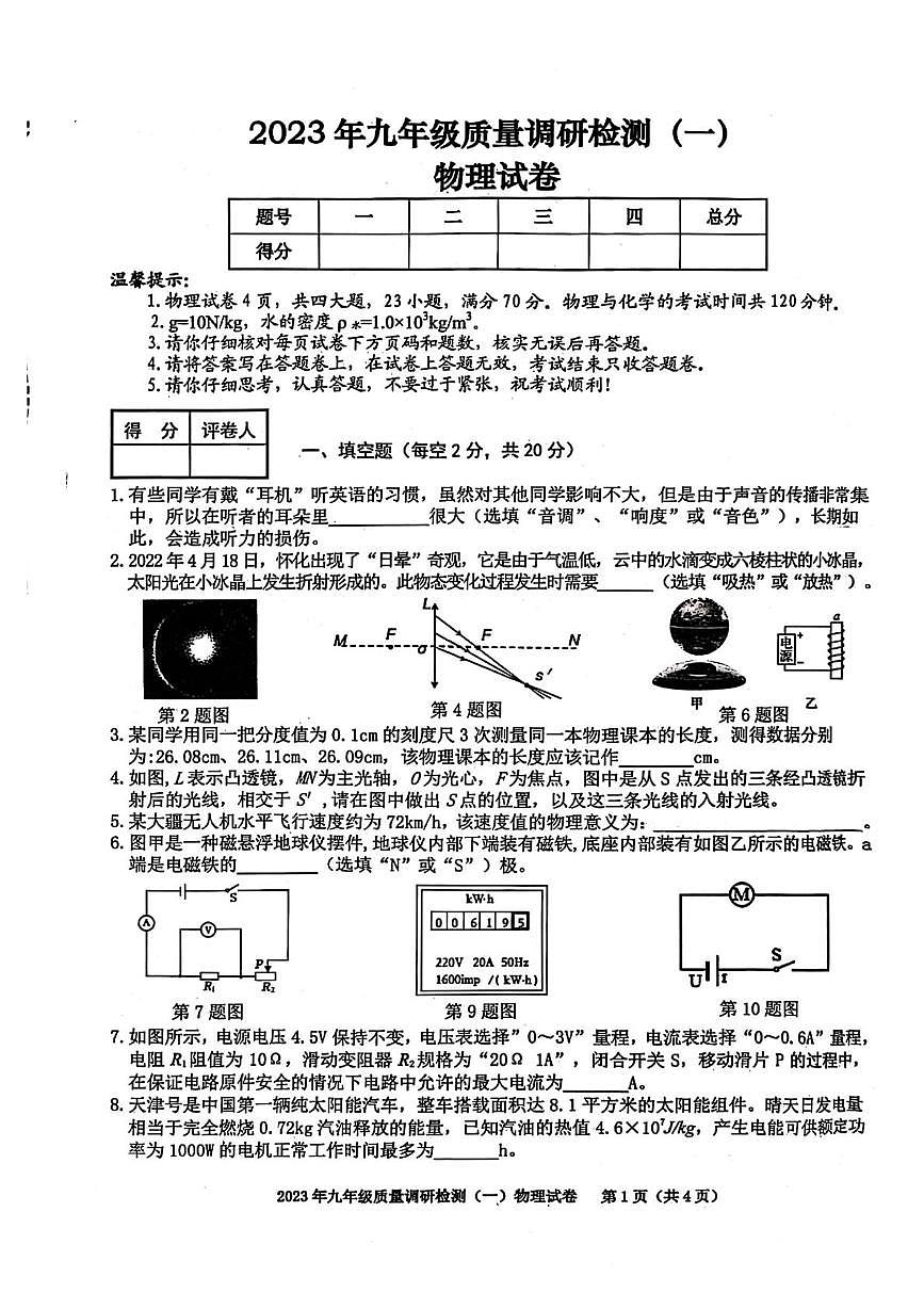 2023年安徽省合肥市蜀山区中考一模物理·化学试卷第1页