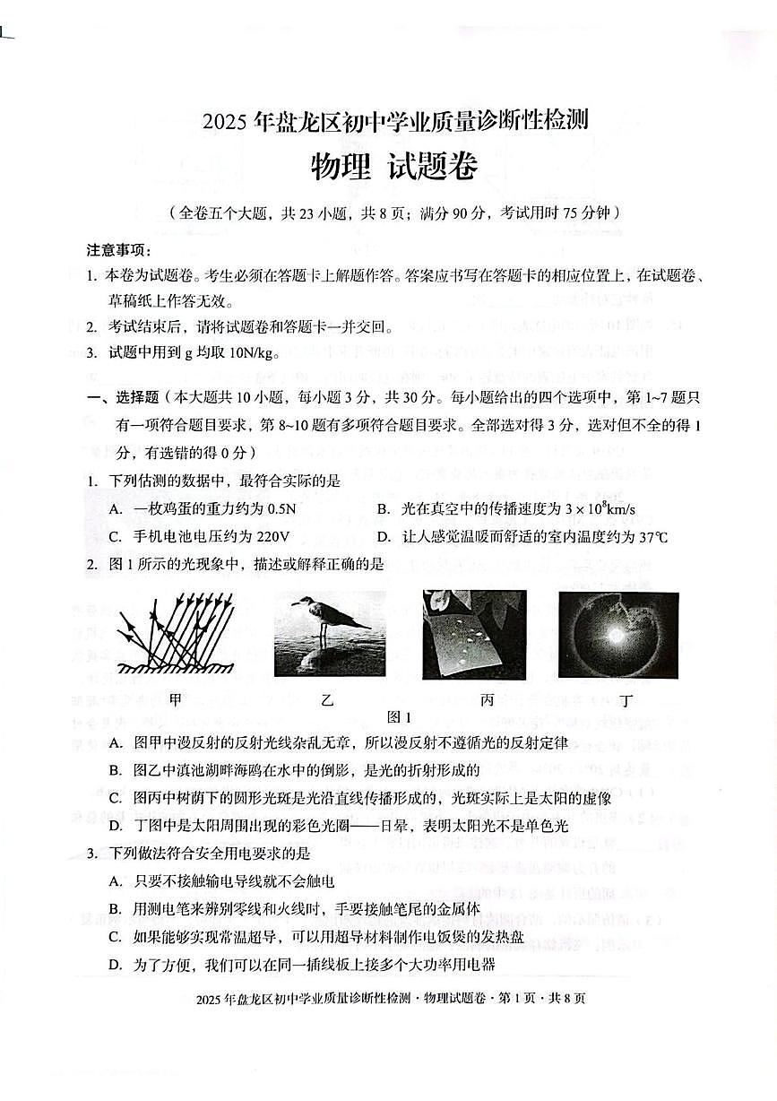 2025年云南省昆明市盘龙区中考一模物理试卷（中考模拟）第1页
