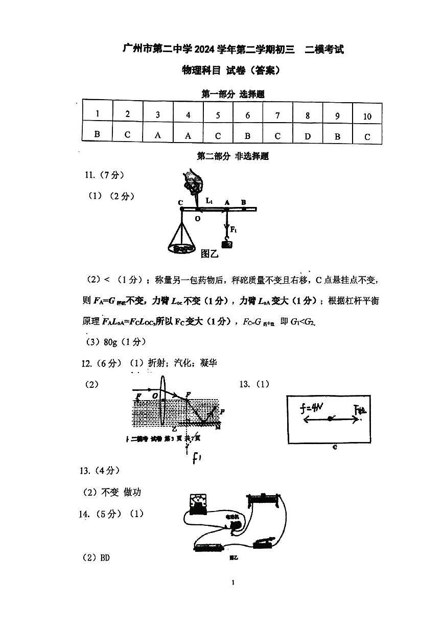 答案 物理中考二模 广州二中初三中考第二次模考2025.5第1页
