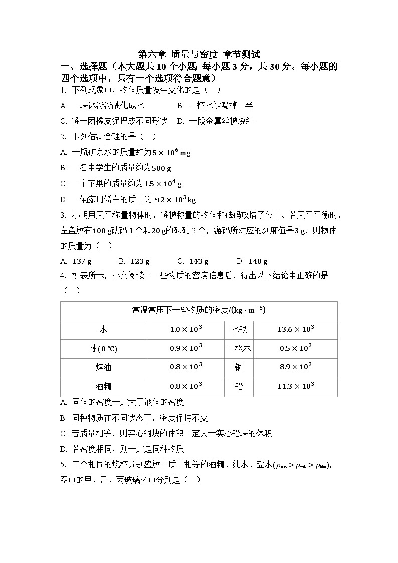 第六章 质量与密度 章节测试（原卷）第1页