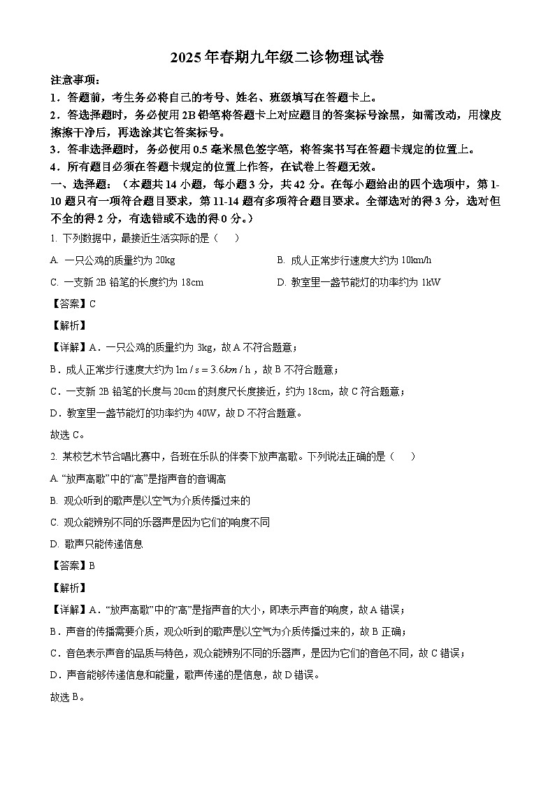 四川省宜宾市第二中学校2025年中考二诊 物理试题（含解析）第1页