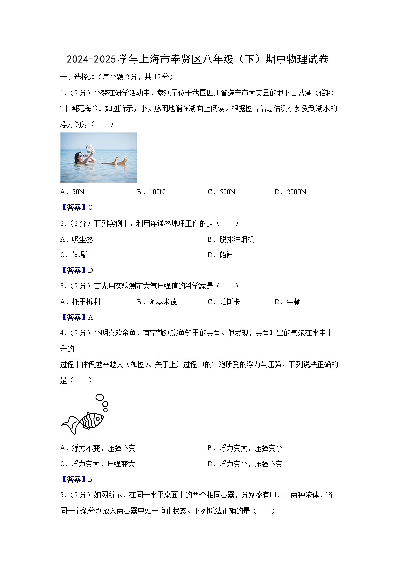 上海市奉贤区2024-2025学年八年级下学期期中练习卷物理试卷（解析版）第1页