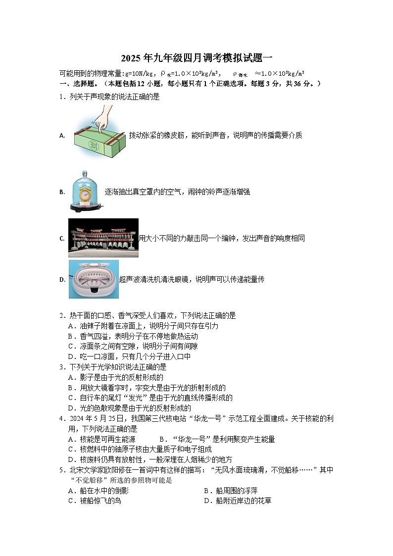 2025年武汉市中考物理模拟试题（一）第1页