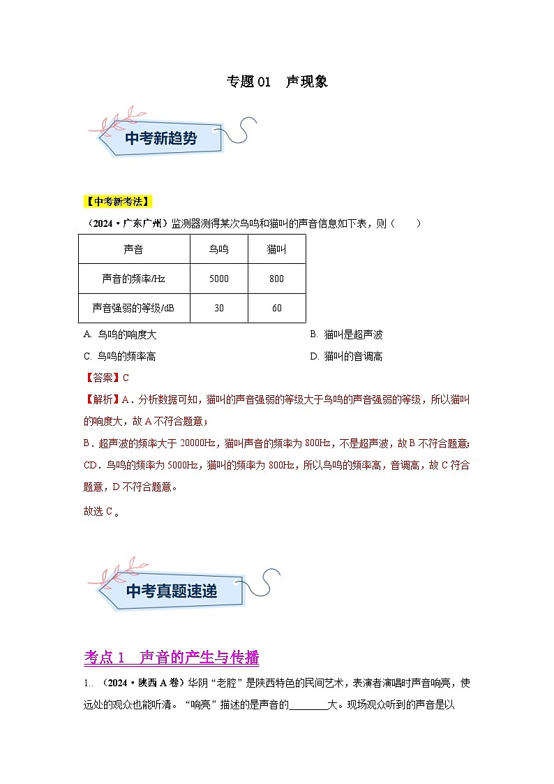 专题01  声现象（第02期）（教师版）第1页