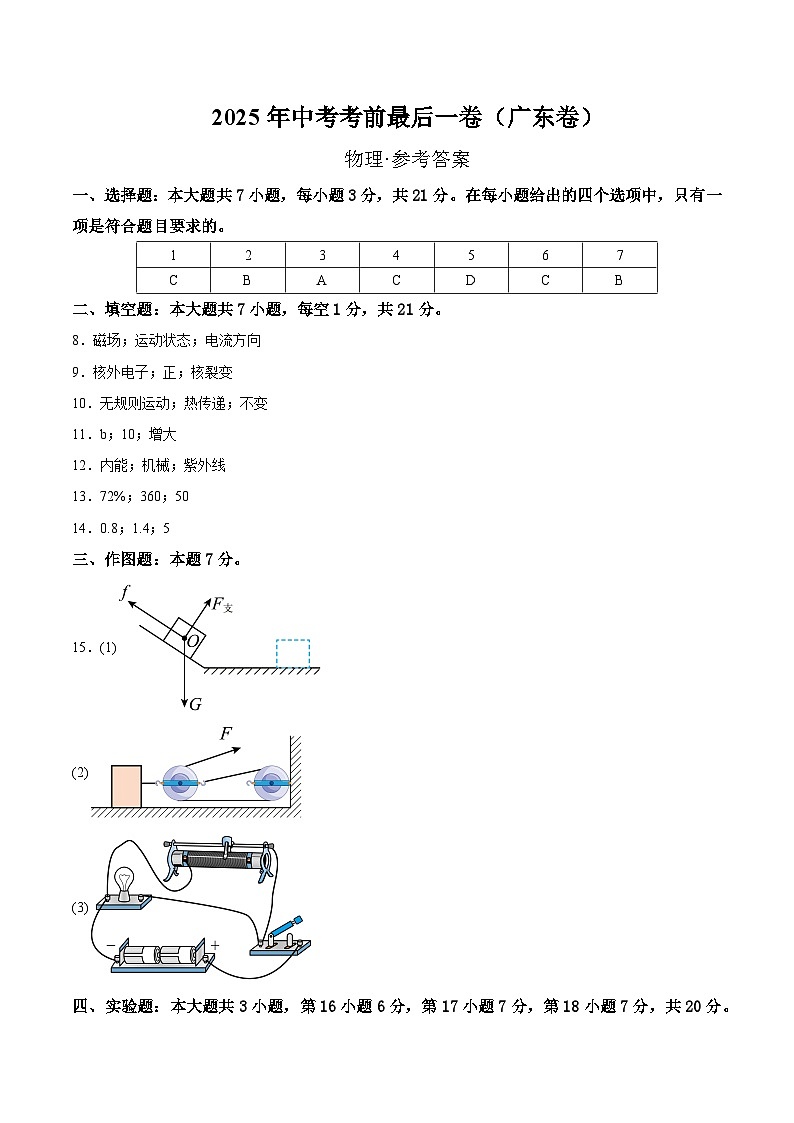 物理（广东卷）（参考答案）第1页