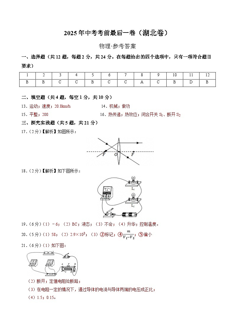 物理（湖北卷）（参考答案及评分标准）第1页