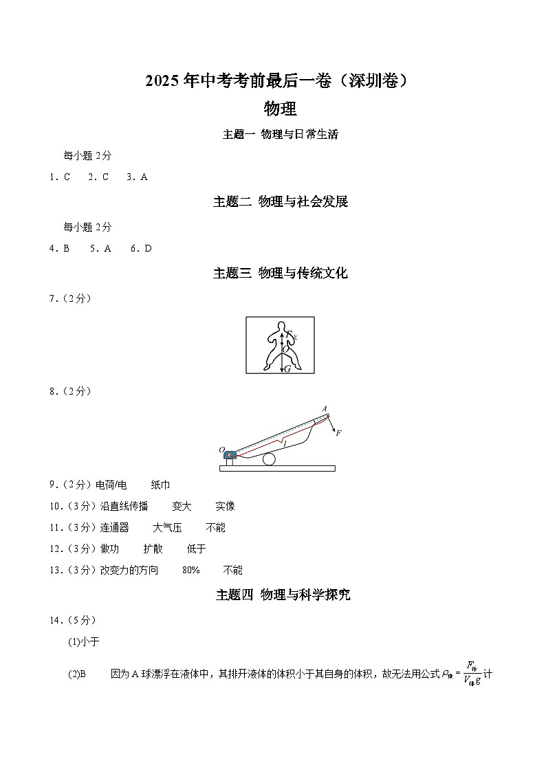 物理（深圳卷）（参考答案）第1页