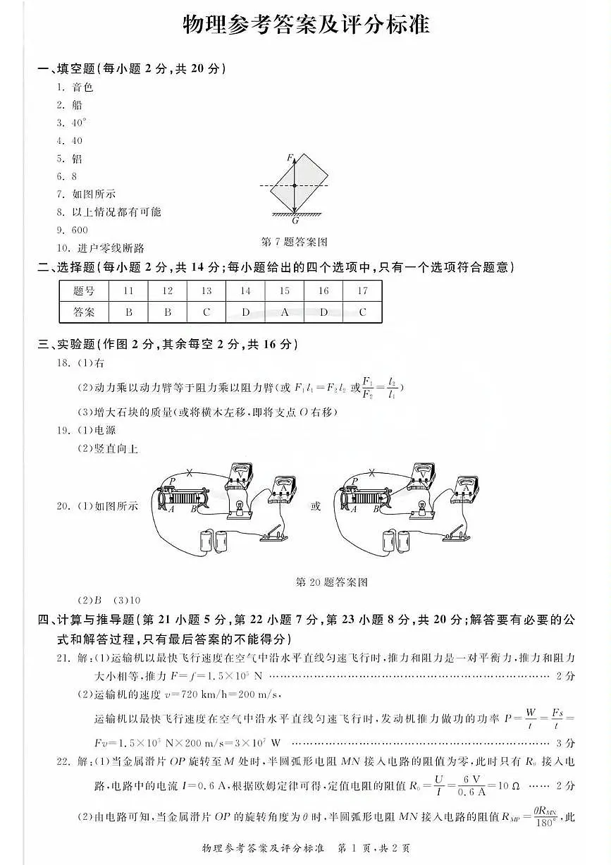 九年级三模物理参考答案第1页