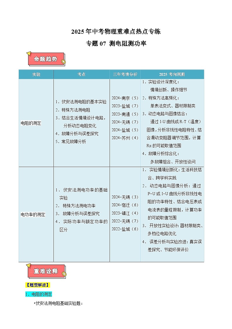 专题07+测电阻+测功率-江苏省2025年中考物理重难点热点专练（含答案解析）第1页