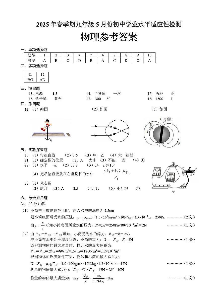 九年级物理参考答案第1页