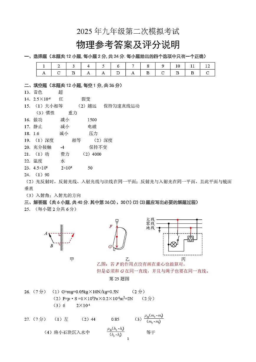 2025年江苏省无锡市梁溪区九年级第二次模拟考试物理试题 202505二模物理评分说明第1页