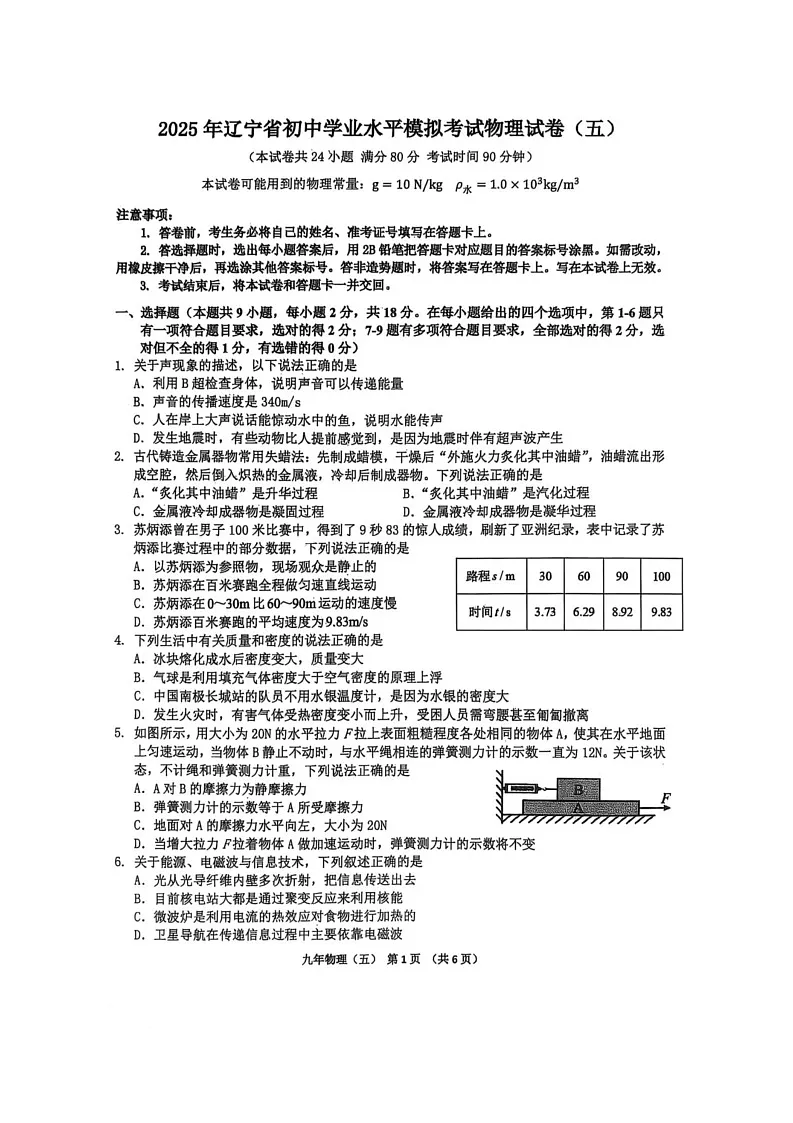 辽宁省朝阳市朝阳一中2025年九年级二模物理试题 辽宁省朝阳市城阳一中2024-2025九年级二模物理试题第1页