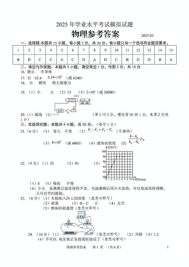 山东省临沂市郯城县2025年九年级二模物理试题（图片版，含答案） 九物理答案第1页