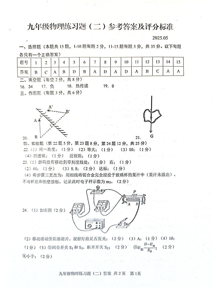 泰安市岱岳区九年级二模物理试题 答案第1页