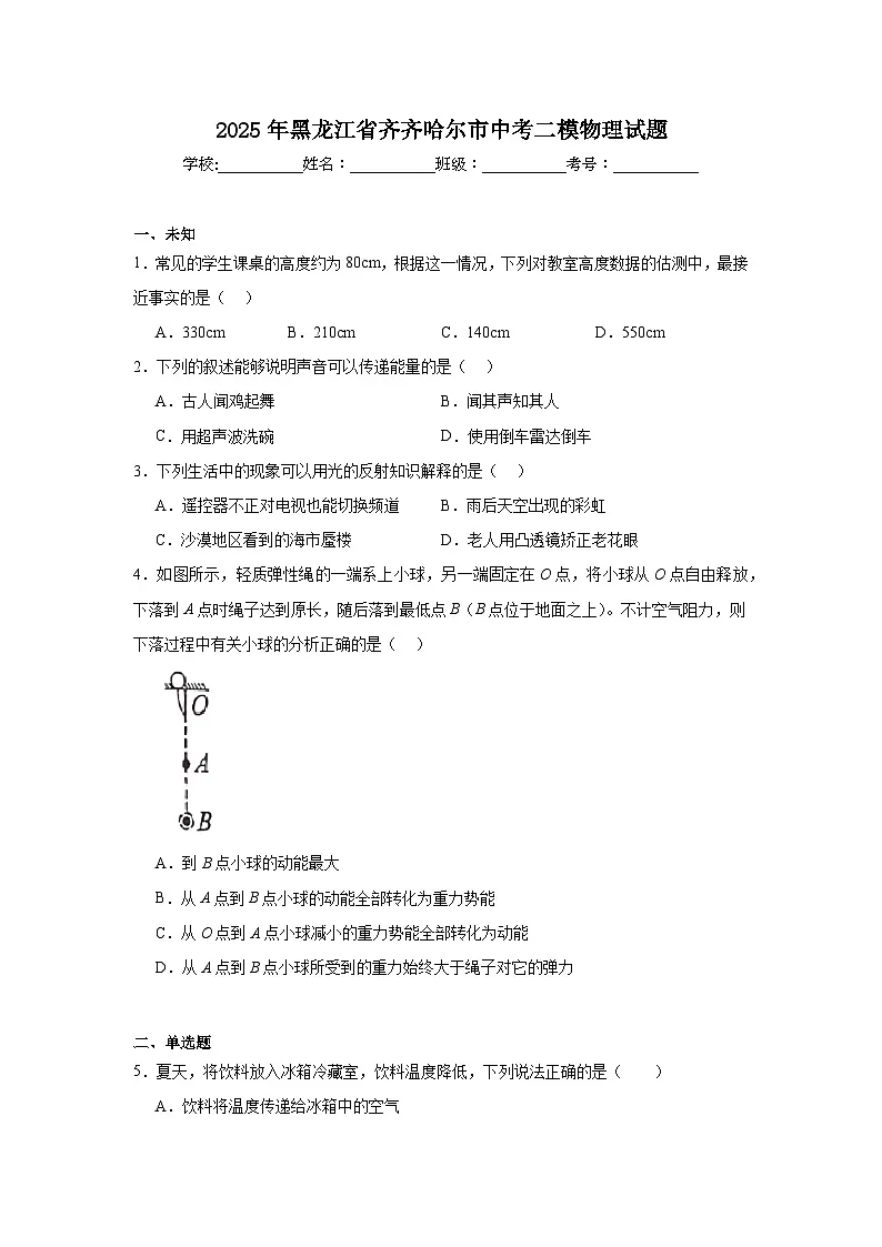 2025年黑龙江省齐齐哈尔市中考二模物理试题（无答案）第1页